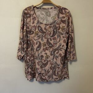 J. Jill Luxe‎ Supima A-Line Tunic Top Size Pink Paisley 3/4 Medium Petite Boho